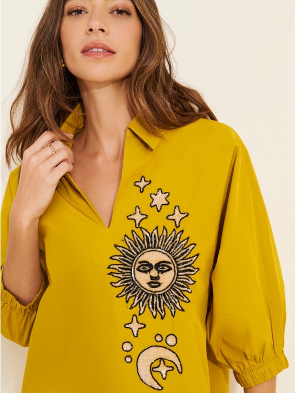 Anthropologie Dhruv Kapoor Collared Batwing Midi Dress Beaded Sun Moon Star Boho - Picture 9 of 9
